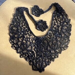 Rare Black Intricately Beaded Sequin Hip Sash Belt OS Deco-inspired